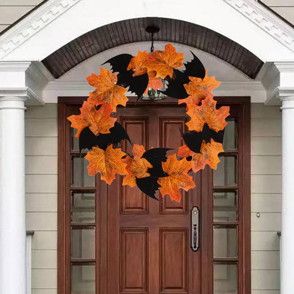 Couronne Décorative Halloween – Chauve-Souris & Feuilles d’Érable, Rotin & Tissu, 25x25 cm, Suspension Porte ou Fenêtre
