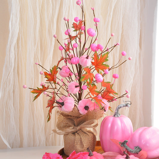 Arbre Décoratif Artificiel Automne & Halloween – Fleurs de Soie Rose, Feuilles d’Érable & Citrouilles, Déco Maison Jardin Bureau