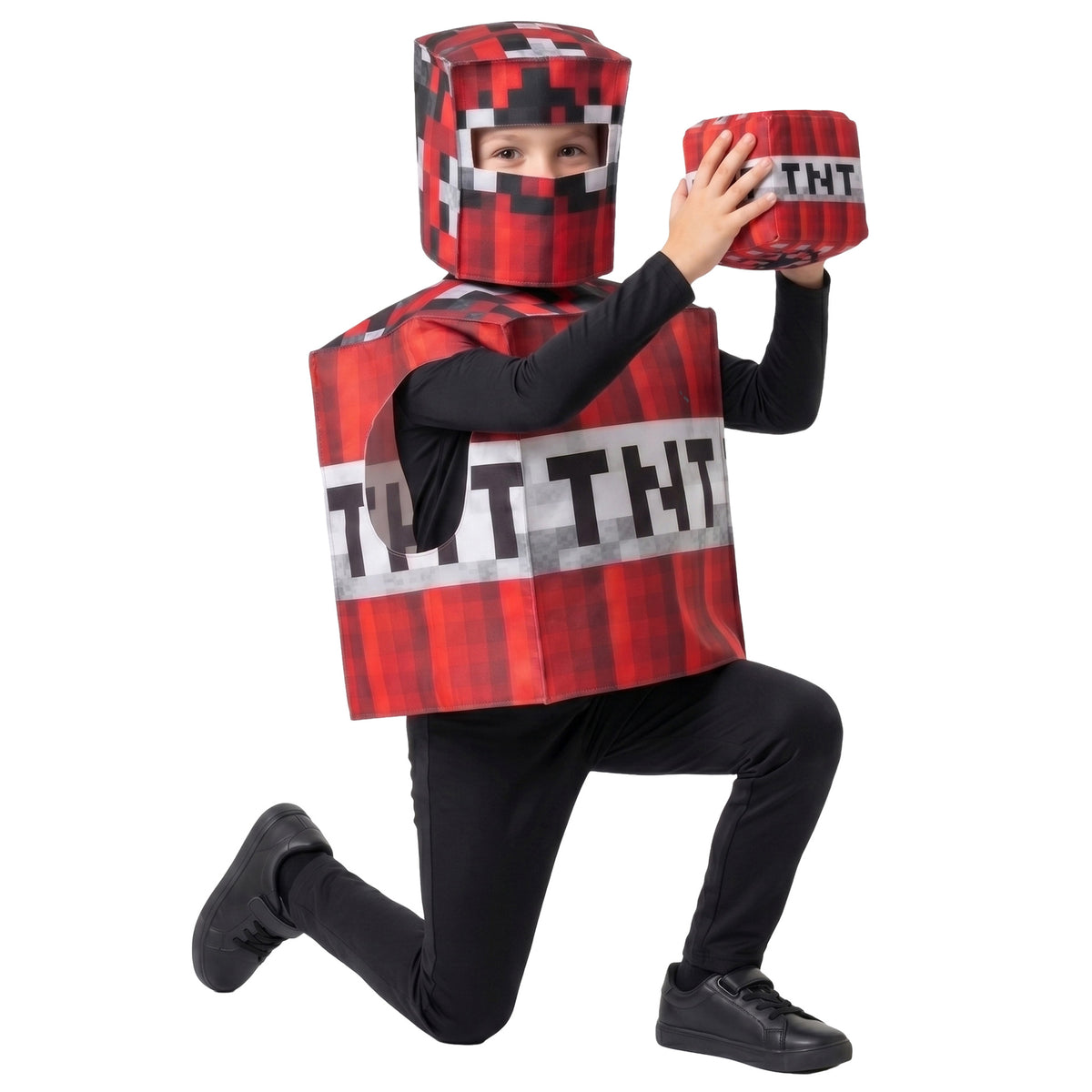 Costume TNT Minecraft Enfant – Déguisement Cosplay Halloween & Scène, Rouge & Noir, Tailles S à XL