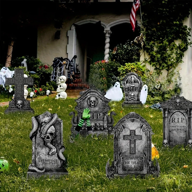 Pierres Tombales Décoratives Halloween Jardin – Têtes de Mort Effrayantes, Panneaux Pelouse avec Piquets, 3 Modèles