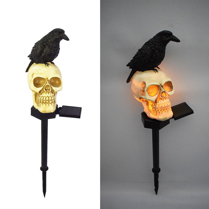 Lampe Solaire Jardin Halloween Corbeau & Crâne LED – Piquet Lumineux Étanche IP55, 47 cm, Déco Extérieur Ambiance Nuit