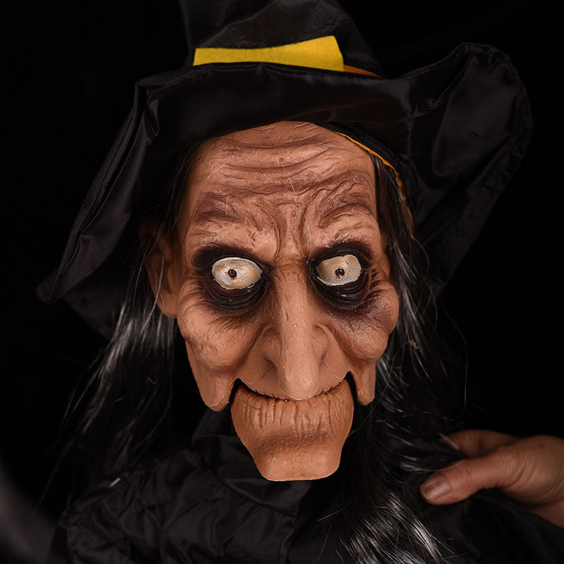 Sorcière Suspendue Animatronique Halloween 123 cm – Contrôle Vocal & Tactile, Yeux Lumineux, Parle & Dents Claquent