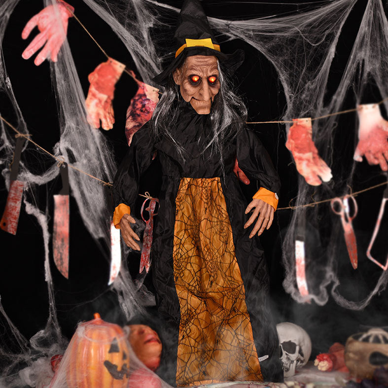Sorcière Suspendue Animatronique Halloween 123 cm – Contrôle Vocal & Tactile, Yeux Lumineux, Parle & Dents Claquent