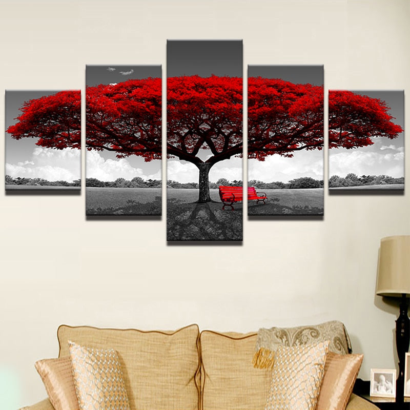 Tableau 5 Panneaux Canvas HD – Paysage Arbre Rouge, Décoration Murale Moderne Salon, Sans Cadre