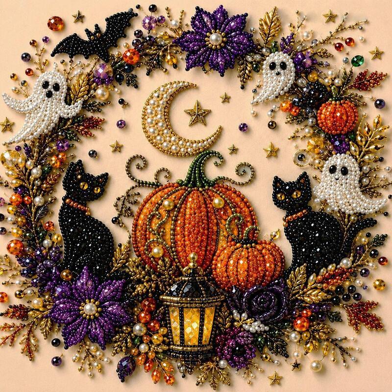 Kit Peinture Diamant Halloween – Tableau DIY 20x20cm, 5 Motifs (Citrouille, Crâne, Sorcière…), Décoration Murale