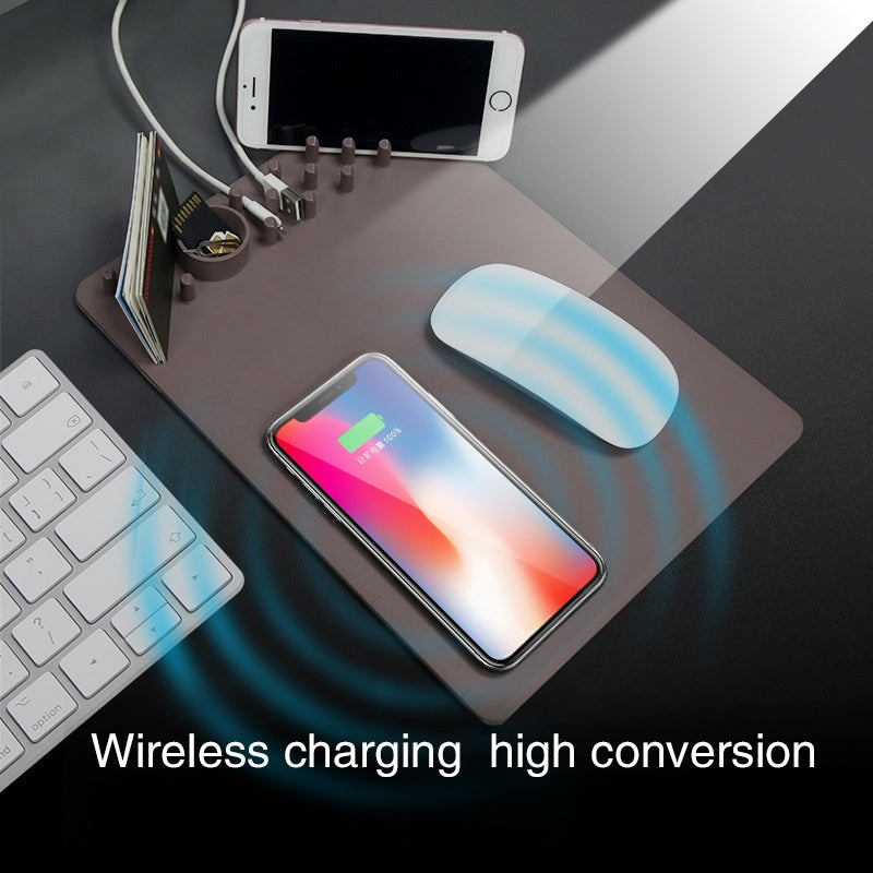 Tapis de Souris avec Chargeur Sans Fil Qi – Support Téléphone, Règle Graduée, Antidérapant, 27x20cm, Compatible iPhone Samsung