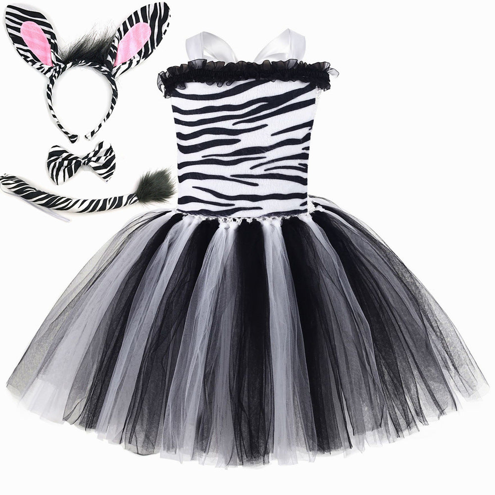Robe Princesse Zèbre Enfant – Déguisement Tulle Halloween & Fête Forêt, Tailles S à XL (2-8 ans)
