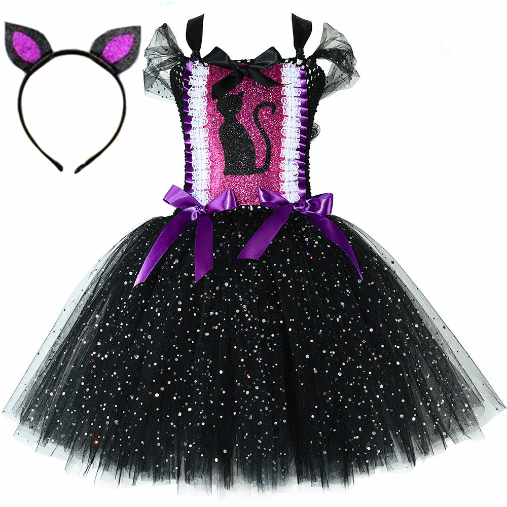 Robe Tutu Chat Noir Paillettes Enfant – Déguisement Fille Halloween & Carnaval, Tulle, 12 Mois à 12 Ans
