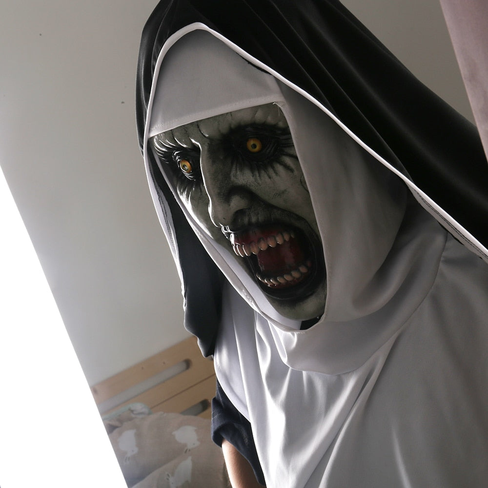 Masque La Nonne Valak Latex – Déguisement Horreur Halloween Cosplay, Masque + Foulard Voile Inclus, Taille Universelle