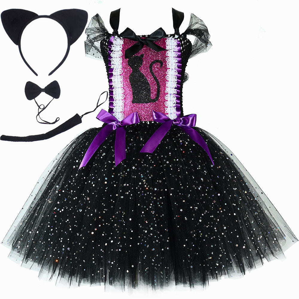 Robe Tutu Chat Noir Paillettes Enfant – Déguisement Fille Halloween & Carnaval, Tulle, 12 Mois à 12 Ans