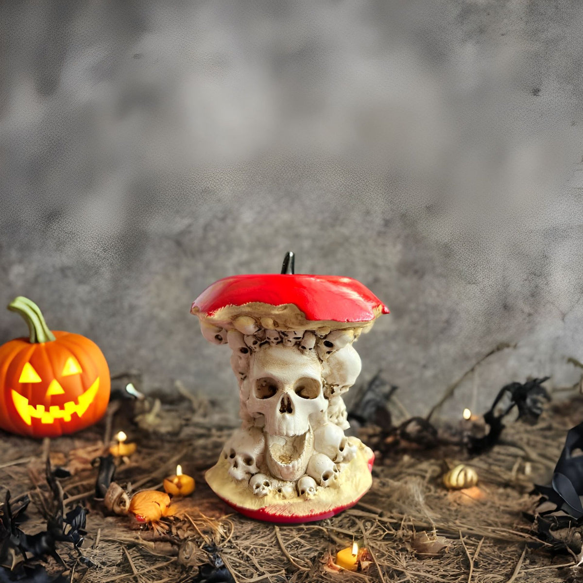 Mini Statue Pomme-Crâne Halloween en Résine – Figurine Décorative Bureau Étagère, Style Américain Macabre