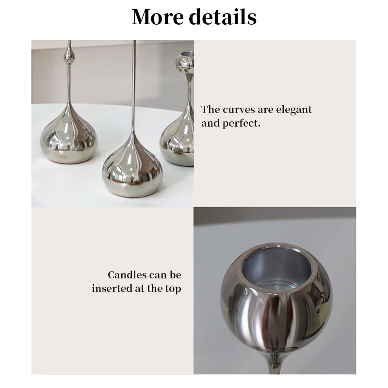 Set de 3 Bougeoirs en Métal Style Vintage – Forme Larme, Argenté Noir ou Doré, Déco Table Mariage Salon, Cadeau