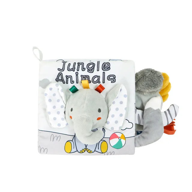 Livre Sensoriel en Tissu pour Bébé 0-12 mois – Contraste Élevé 3D | Éléphant, Lion, Lapin