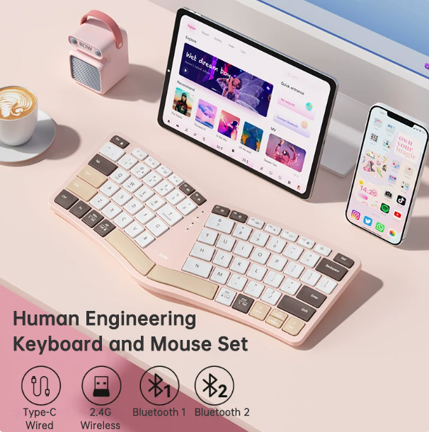 Clavier Ergonomique Sans Fil Bluetooth & USB – Design Épuré, Compatible PC Mac Tablette, 3 Coloris Doré Argenté Noir