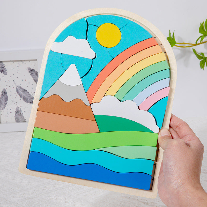 Puzzle 3D en Bois Enfant – Motif Arc-en-ciel Soleil ou Fleurs, Association Animaux, Éveil & Concentration, Cadeau Dès 3 Ans