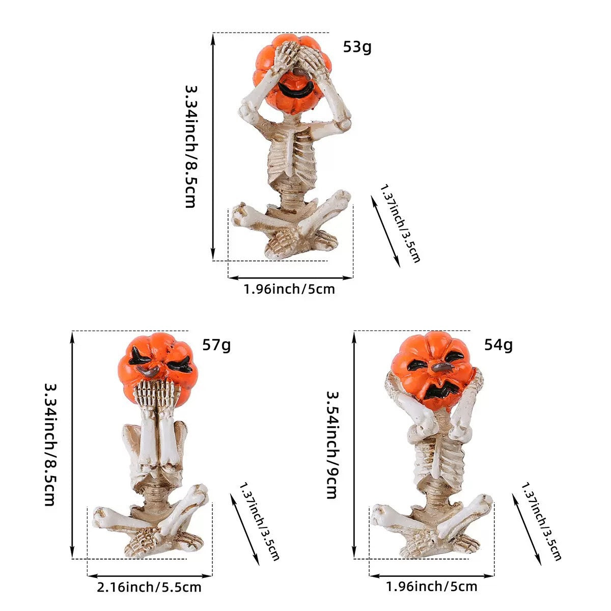 Figurine Crâne Citrouille Yoga Halloween – Les 3 Singes de la Sagesse Version Horreur, Résine, Déco Prop Macabre
