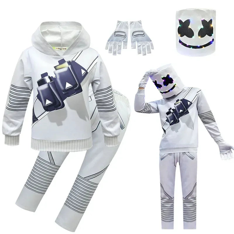 Costume DJ Marshmello Enfant – Combinaison Cosplay Halloween & Carnaval, Style Fortnite, 5–10 ans