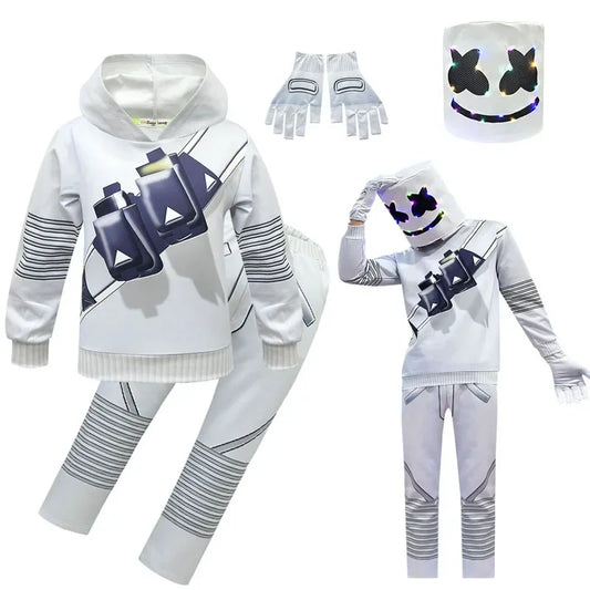 Costume DJ Marshmello Enfant – Combinaison Cosplay Halloween & Carnaval, Style Fortnite, 5–10 ans