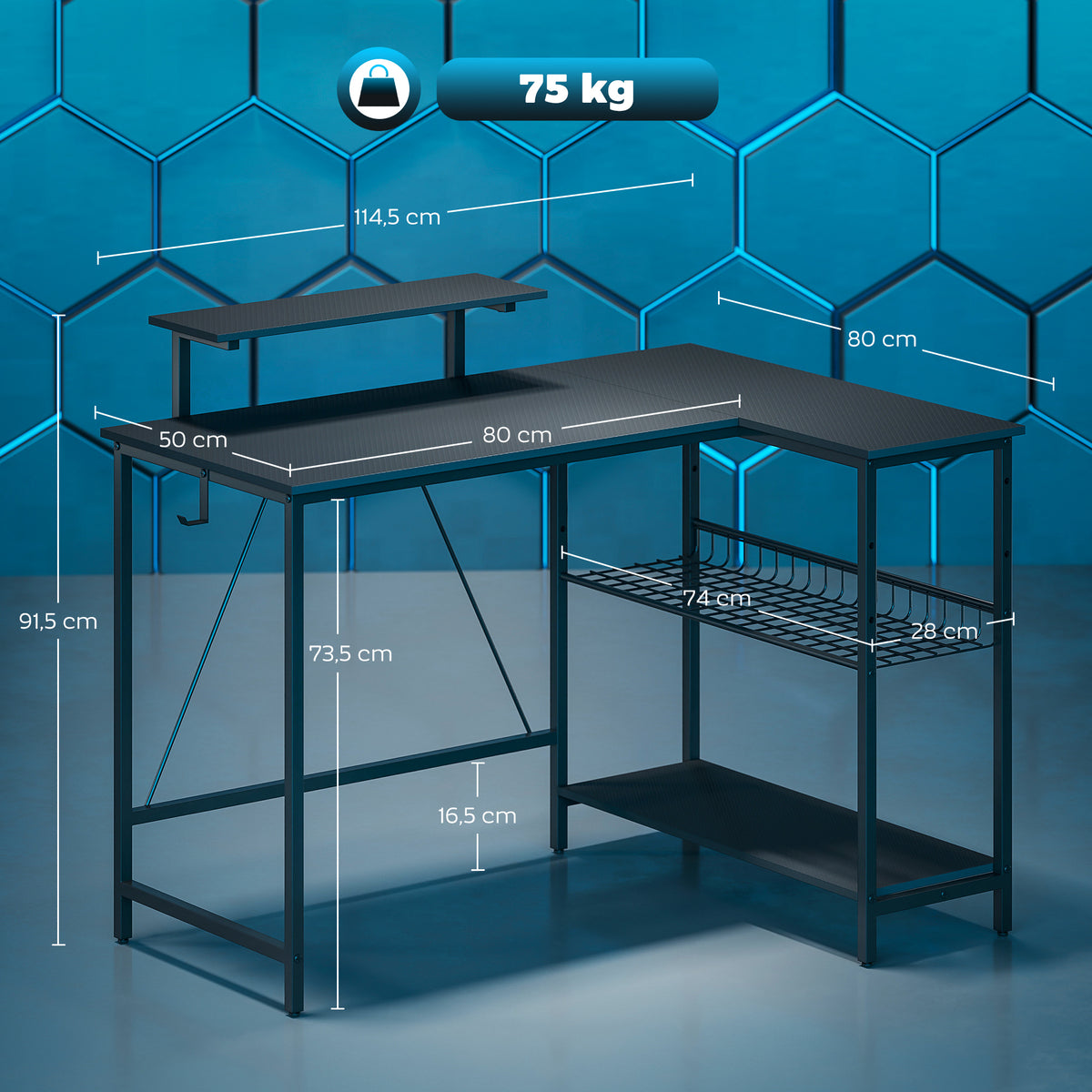 Bureau Gaming en L Réversible – Support Écran Intégré, Étagère Maille 3 Niveaux, 114.5x82x91.5cm, Acier & MDF, Noir