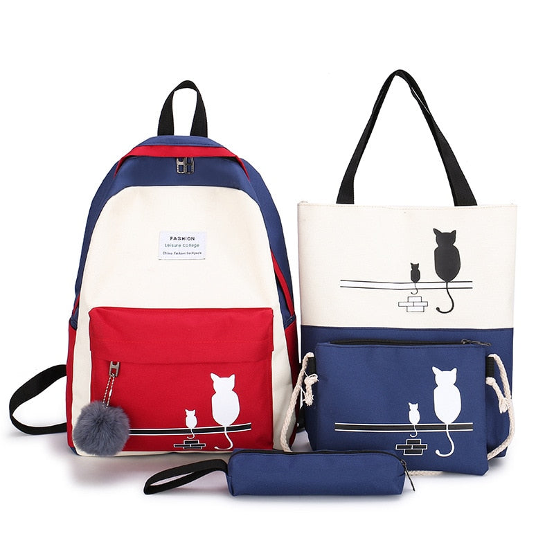 Ensemble 4 Pièces Sac à Dos Canvas Patchwork Motif Chat – Femme, École & Quotidien, Noir, Bleu ou Vert