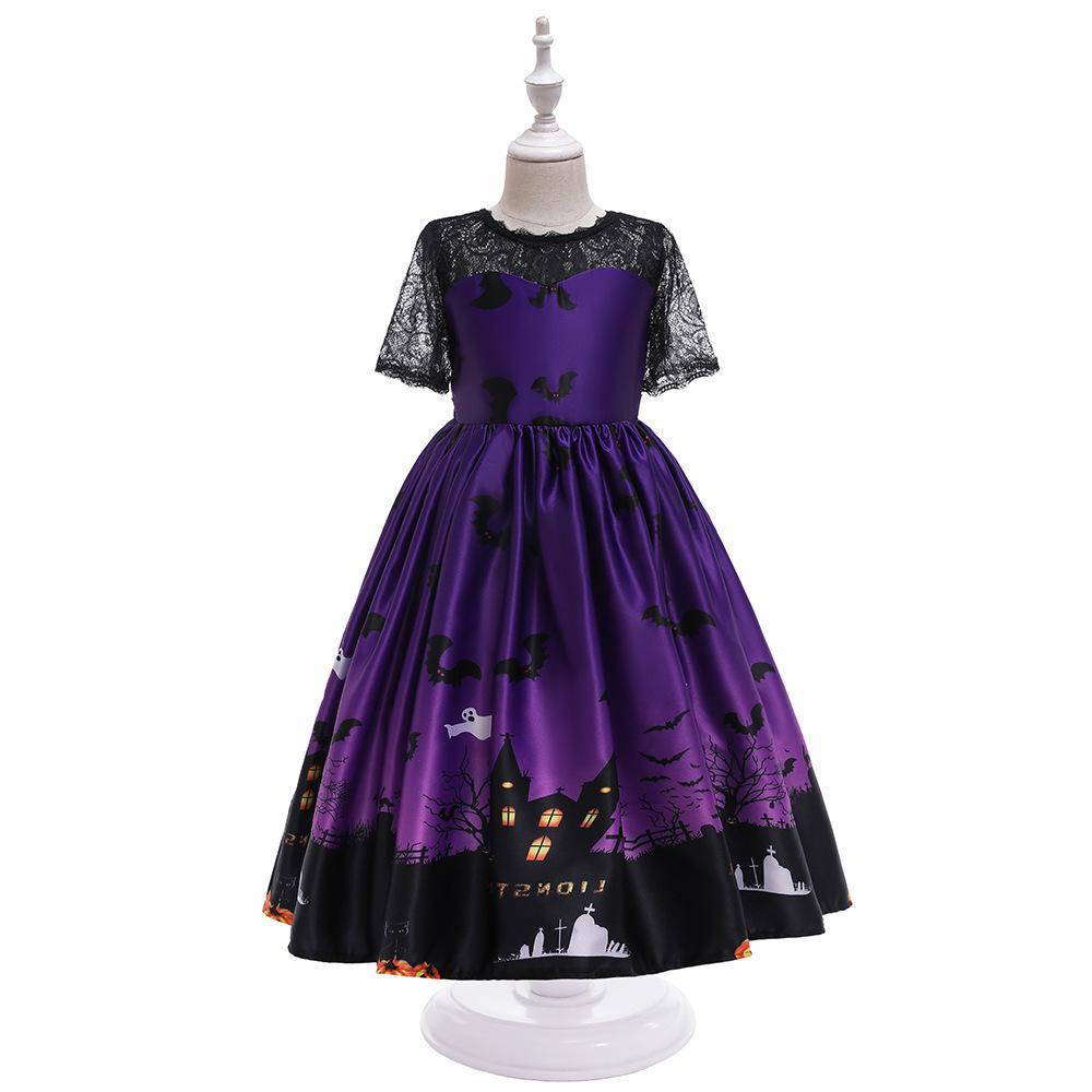 Robe Déguisement Halloween Fille – Style Princesse avec Dentelle, 3 Coloris Noir Violet Bleu Nuit, Tailles 120–140cm, Fête Carnaval