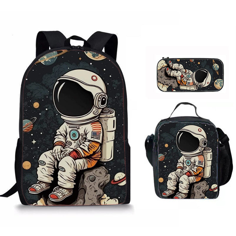 Set 3 Pièces Sac à Dos Scolaire Style Astronaute & Espace – Sac À Dos + Sac Repas + Trousse, Tissu Oxford, 6 Coloris, Enfant Ado Unisexe