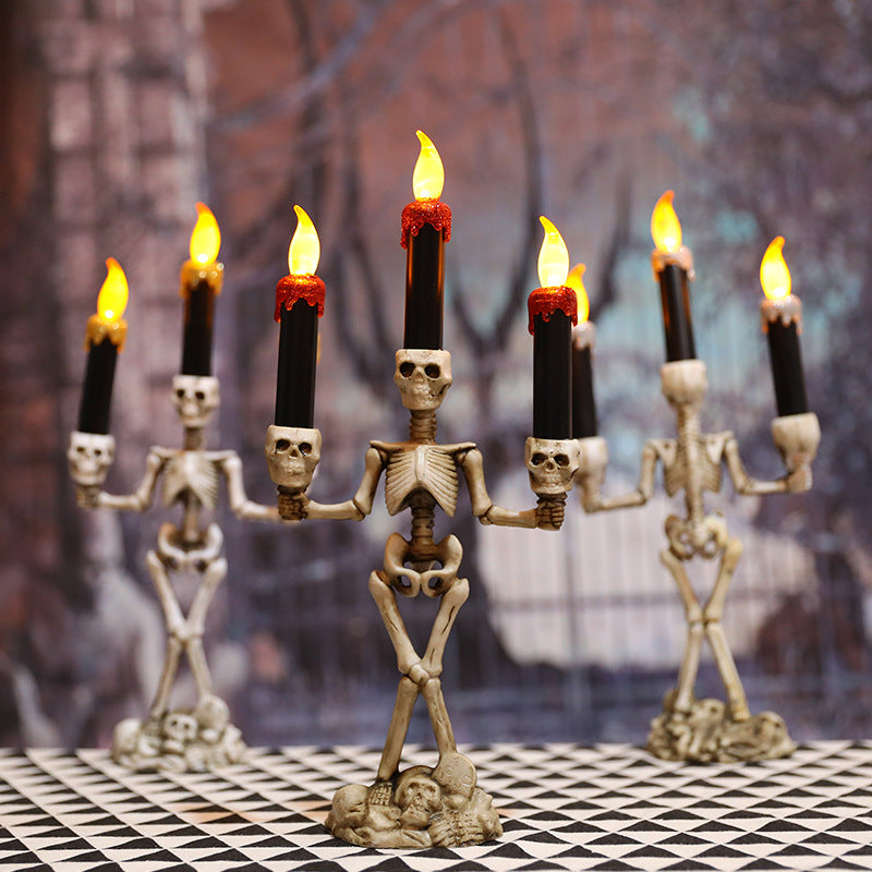 Bougeoir Squelette Halloween avec Bougie LED – Lanterne Citrouille Crâne Déco, 3 Coloris : Doré, Argent, Rouge
