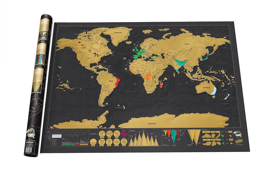 Carte du Monde à Gratter Deluxe – Fond Noir & Feuille Dorée, 82,5×59,4cm, Cadeau Voyageur