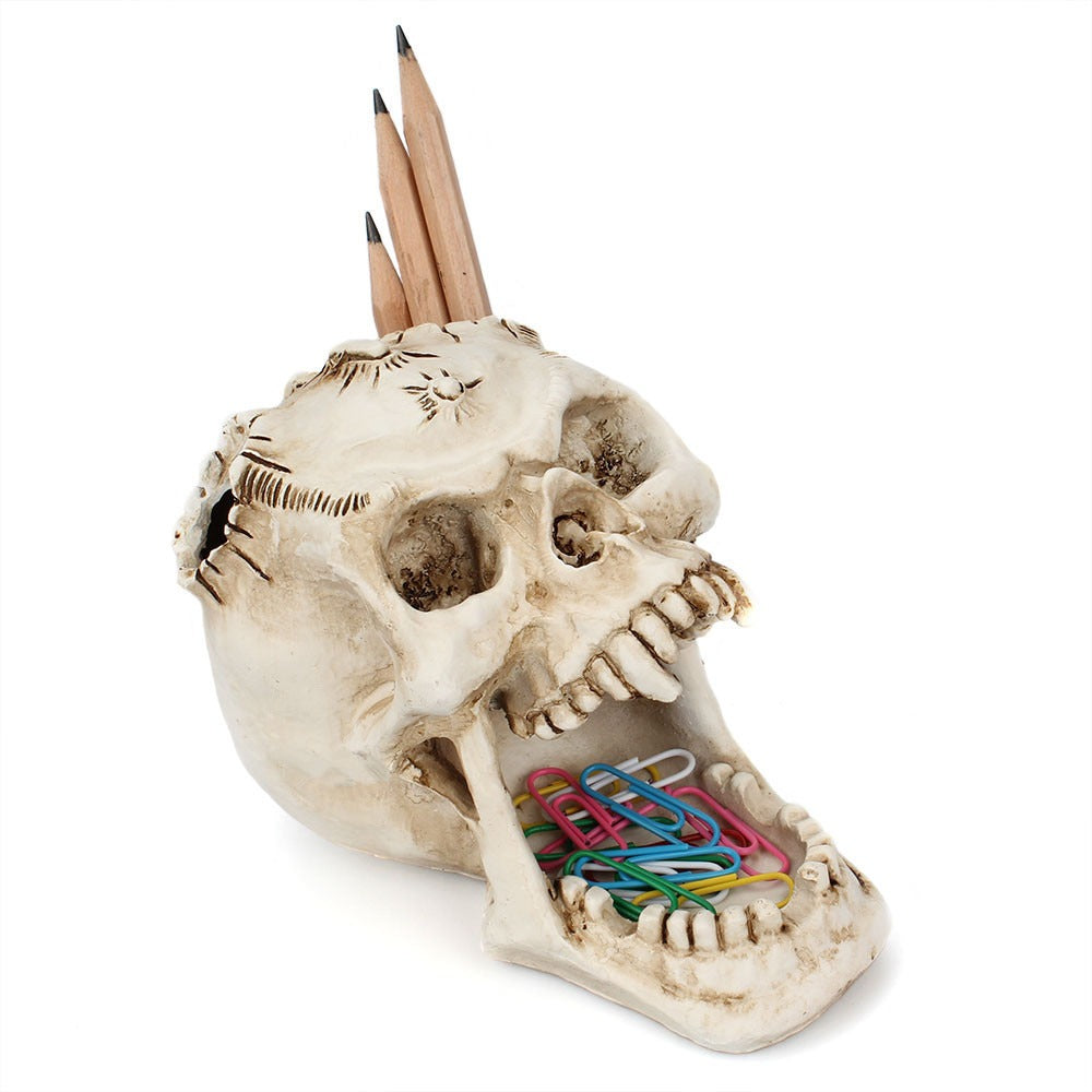 Pot à Crayons Crâne Terreur en Résine – Range-Stylos Déco Bureau Halloween, Organiseur Original Macabre