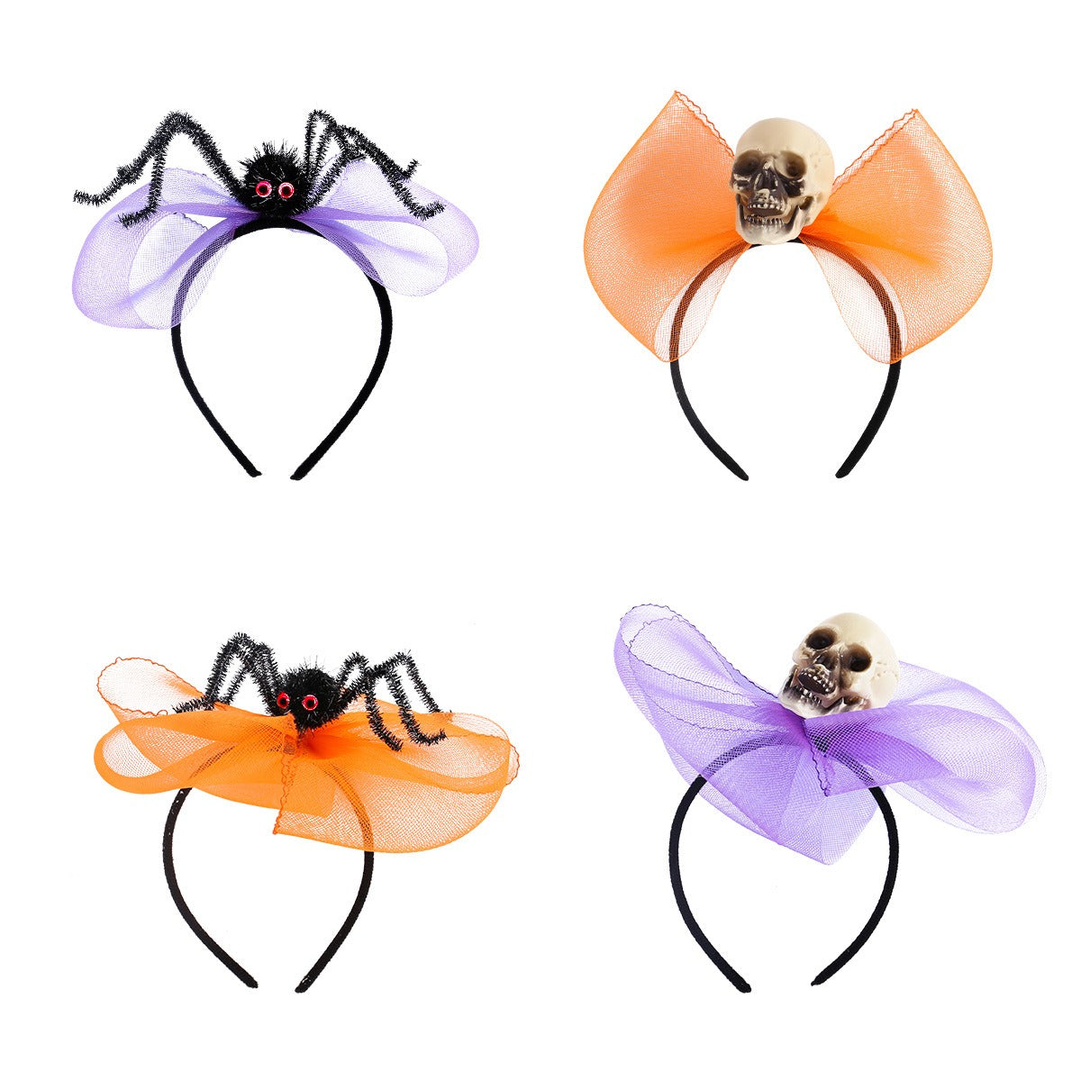 Serre-Tête Halloween Crâne & Araignée – Accessoire Coiffure Fête, Orange ou Violet, Fil de Fer & Pompons Laine