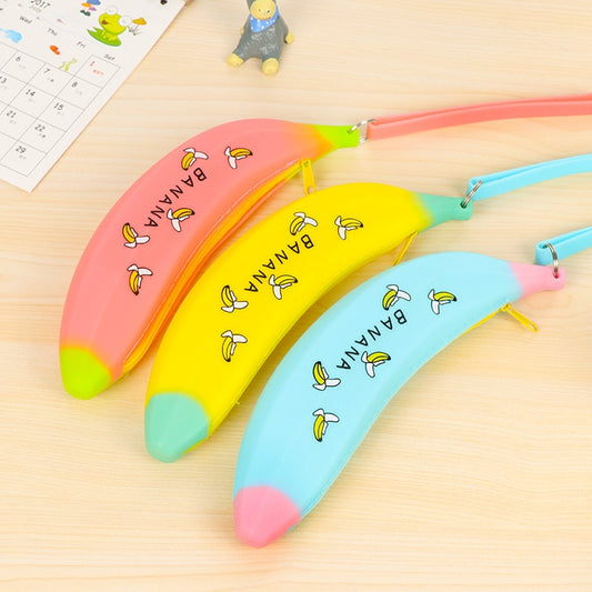 Trousse Kawaii Banane en Silicone Grande Capacité – Motif Cartoon Mignon, Étudiant Fille, 3 Coloris Jaune Bleu Rose