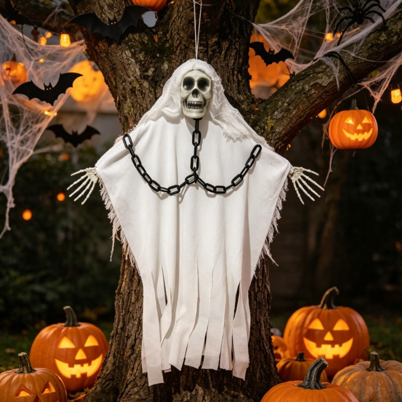 Fantôme Suspendu Halloween – Tissu Soie Pliable, Chaîne Squelette, Déco Porte Maison Hantée, Blanc ou Taché de Sang