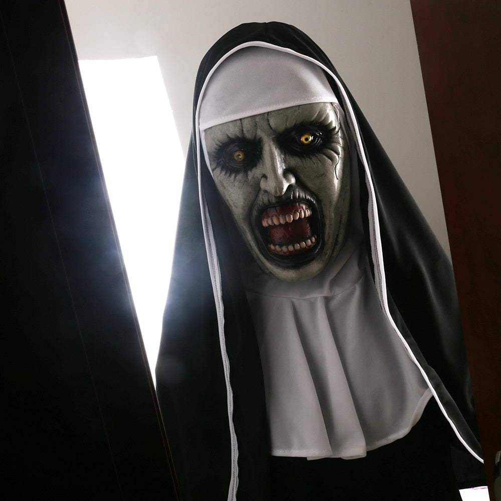 Masque La Nonne Valak Latex – Déguisement Horreur Halloween Cosplay, Masque + Foulard Voile Inclus, Taille Universelle