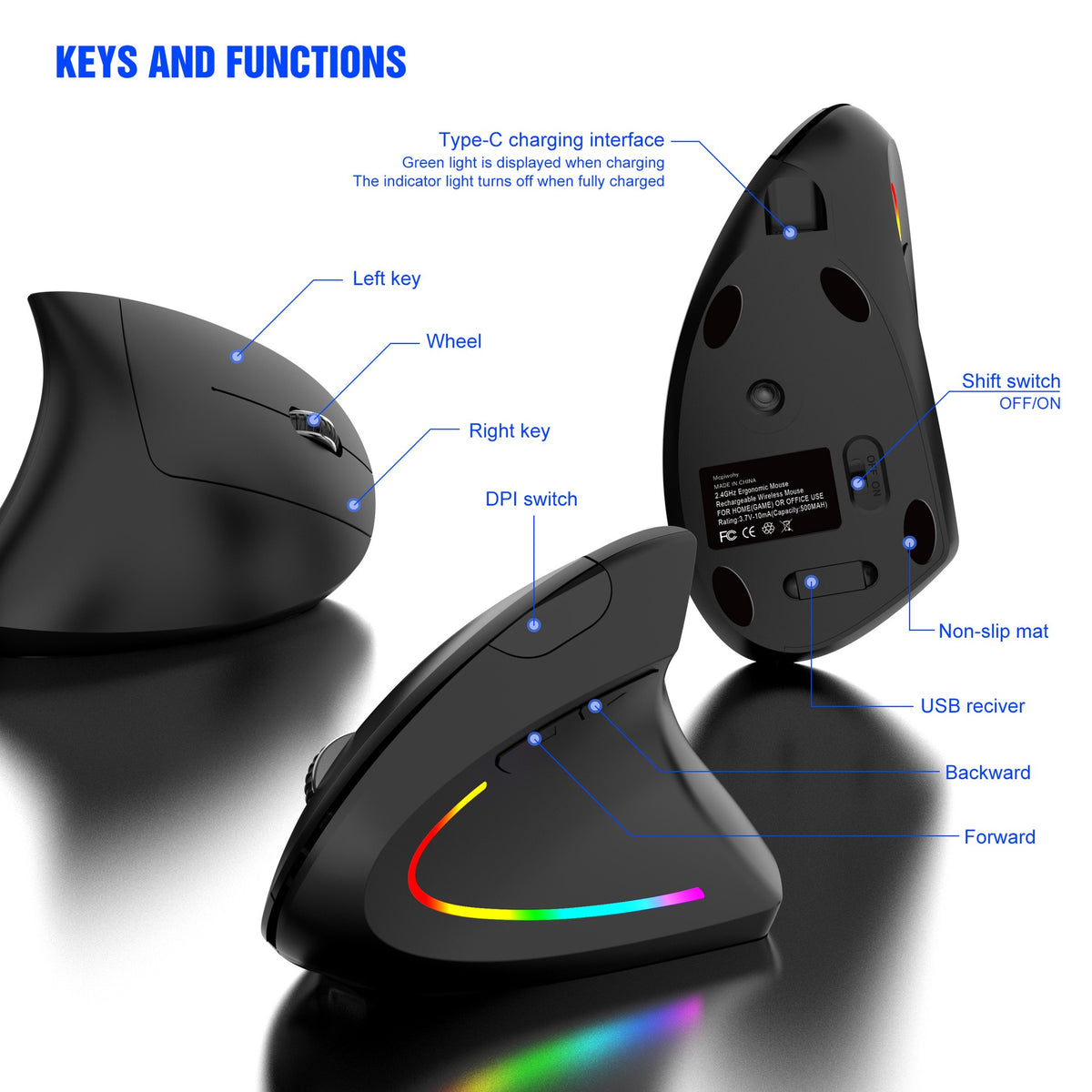Souris Verticale Sans Fil Ergonomique 2,4 GHz – Récepteur USB, Prévention TMS, 3 Coloris Blanc Rose Noir, PC & Mac