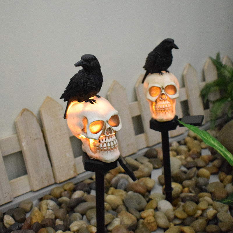 Lampe Solaire Jardin Halloween Corbeau & Crâne LED – Piquet Lumineux Étanche IP55, 47 cm, Déco Extérieur Ambiance Nuit