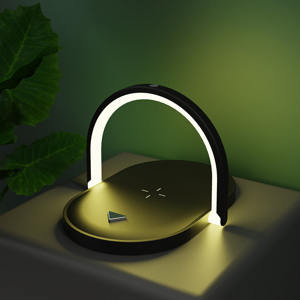 Chargeur Sans Fil 15W Rapide 3-en-1 – Lampe de Nuit LED Tactile + Support Téléphone Réglable, USB-C, Noir Blanc Bois