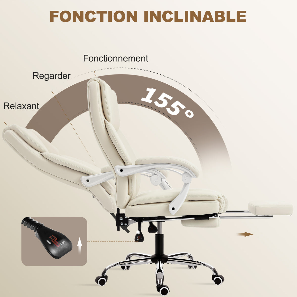 Fauteuil de Bureau Ergonomique Beige – Cuir Synthétique Anti-Griffures, Repose-Pieds, Inclinaison 155°, Mousse Haute Résilience, 120kg