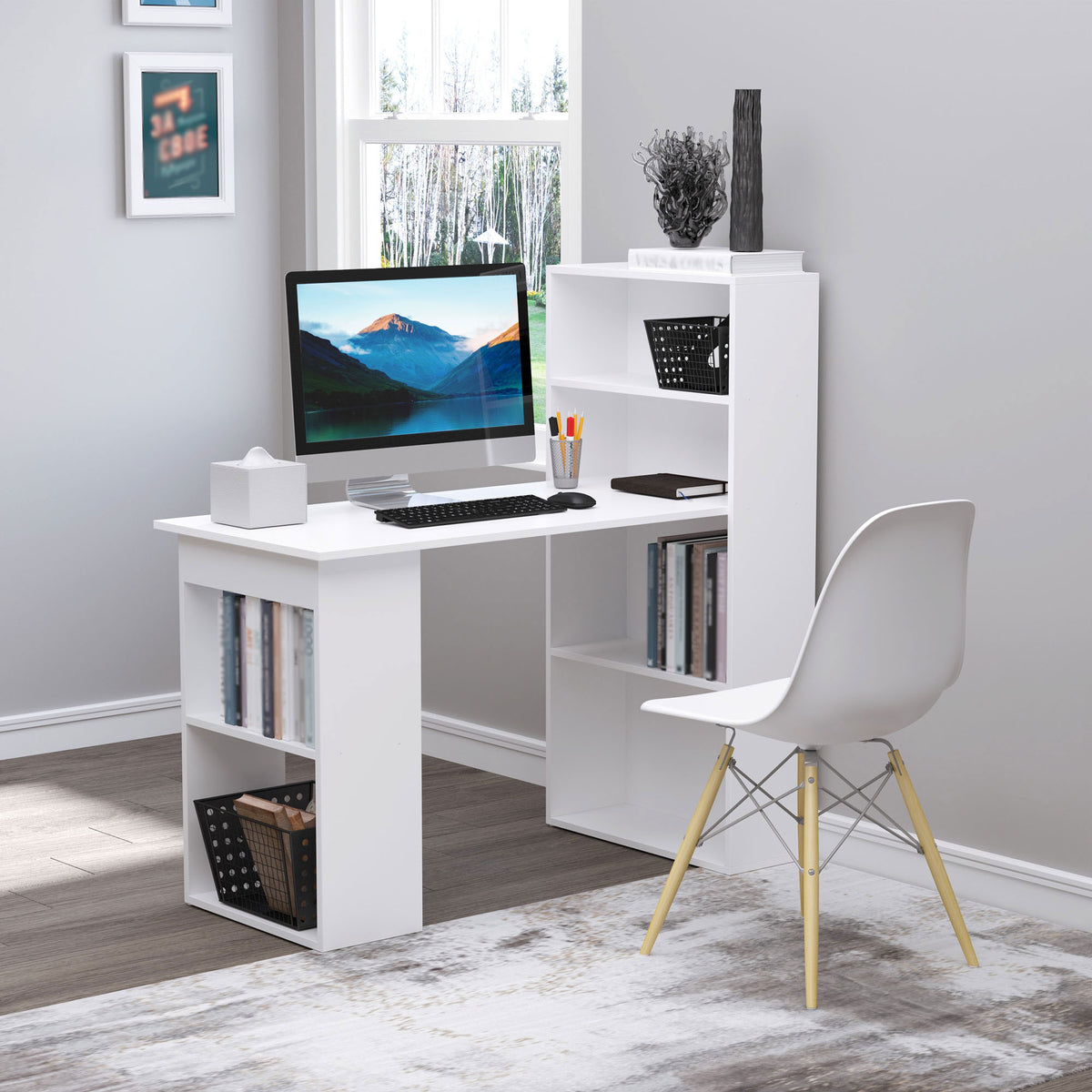 Bureau Informatique & Bibliothèque 2-en-1 – 120cm, 3 Niches & 2 Étagères, Panneaux Particules Veinage Bois, Blanc, Home Office