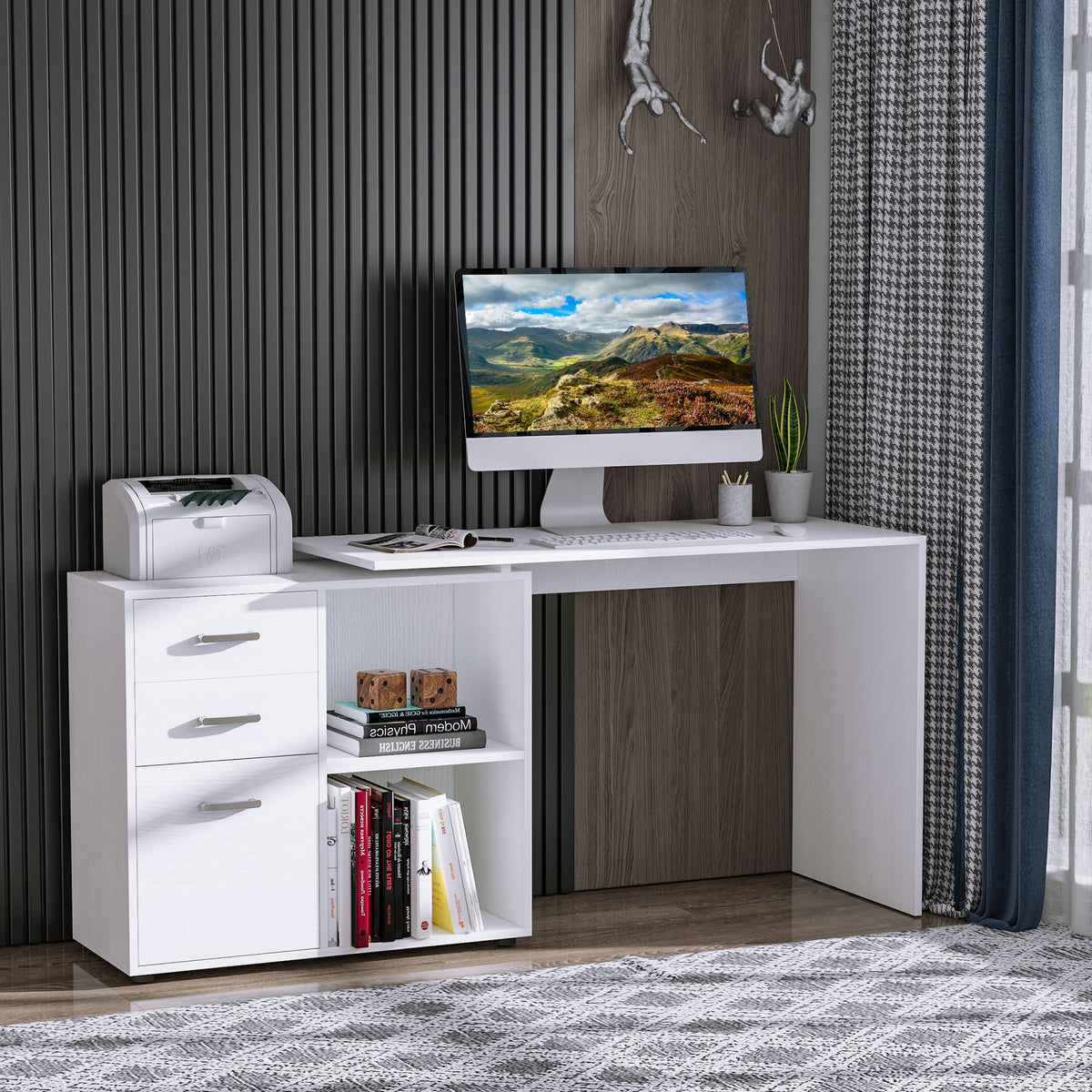 Bureau Modulable 2-en-1 – Angle ou Droit, 3 Tiroirs & 2 Niches, MDF Blanc, Petit Espace, Bureau & Salle à Manger