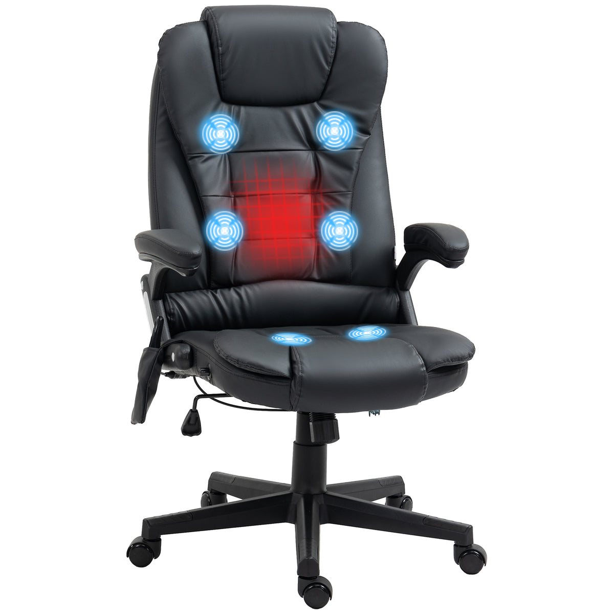 Fauteuil de Bureau Massant & Chauffant 6 Points – Ergonomique, Hauteur Réglable, Revêtement Synthétique, Noir, 120kg Max