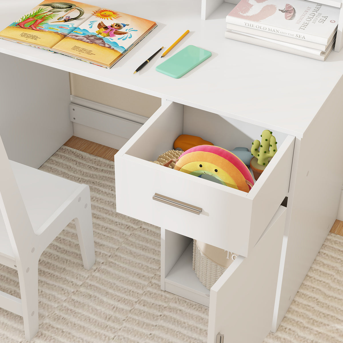 Ensemble Bureau & Chaise Enfant Blanc – Tableau Liège, Tiroir, Placard & Compartiments, MDF, 3-12 Ans, Norme EN71