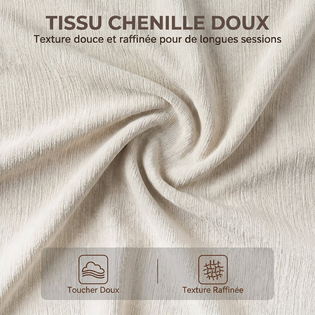 Fauteuil de Bureau Ergonomique Crème – Tissu Chenille Doux, Coussin 15cm, Repose-Pieds, Inclinaison 135°, Accoudoirs Réglables, 120kg