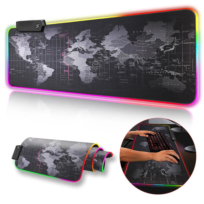 Grand Tapis de Souris Gaming RGB Carte du Monde – XXL Antidérapant, 2 Tailles (30x80 ou 40x90 cm), Raidisseur PC Bureau