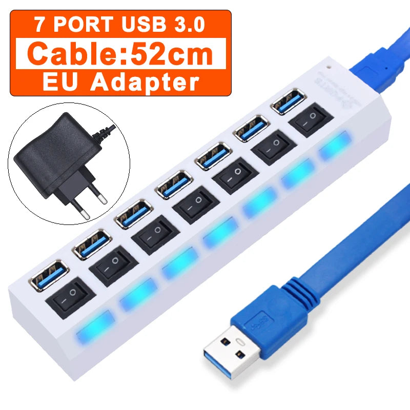 Hub USB 2.0 / 3.0 – Multiprise USB 4 ou 7 Ports avec Interrupteur pour PC