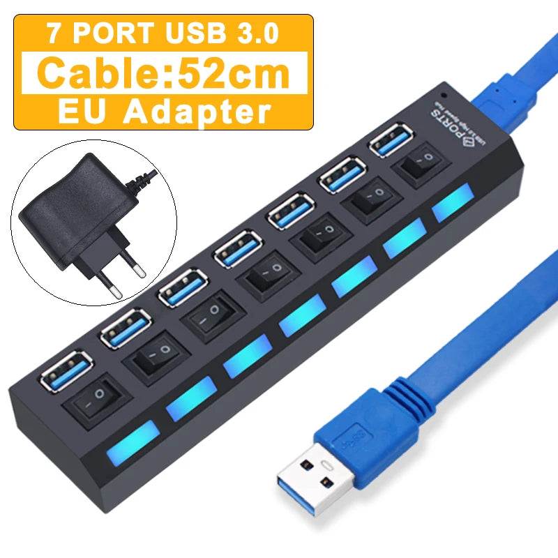 Hub USB 2.0 / 3.0 – Multiprise USB 4 ou 7 Ports avec Interrupteur pour PC