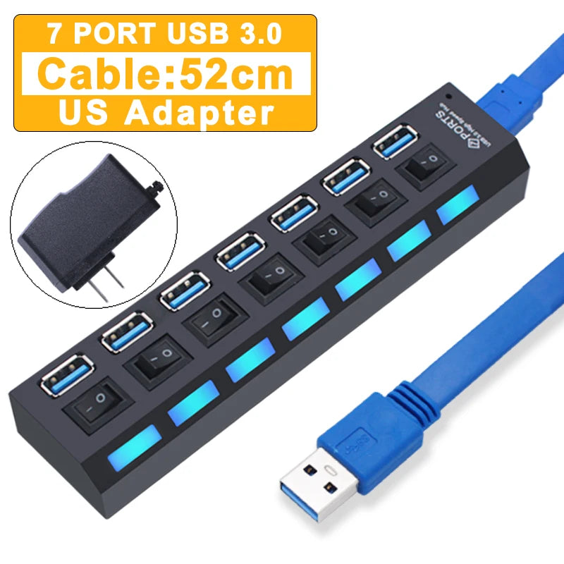 Hub USB 2.0 / 3.0 – Multiprise USB 4 ou 7 Ports avec Interrupteur pour PC