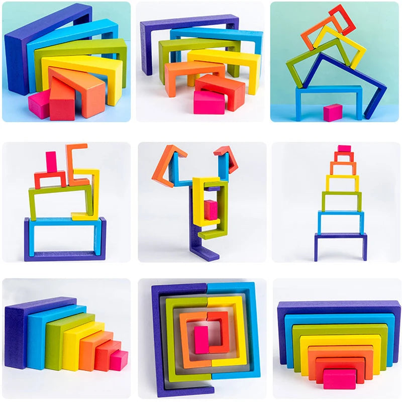 Blocs de Construction Montessori Bois Arc-en-ciel – Créatif, Colorés, Poli Main, Dès 18 Mois, Déco & Éveil, Cadeau Enfant
