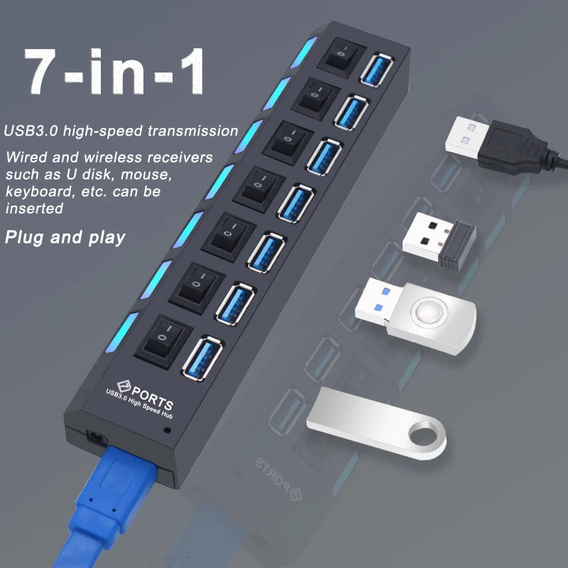 Hub USB 2.0 / 3.0 – Multiprise USB 4 ou 7 Ports avec Interrupteur pour PC