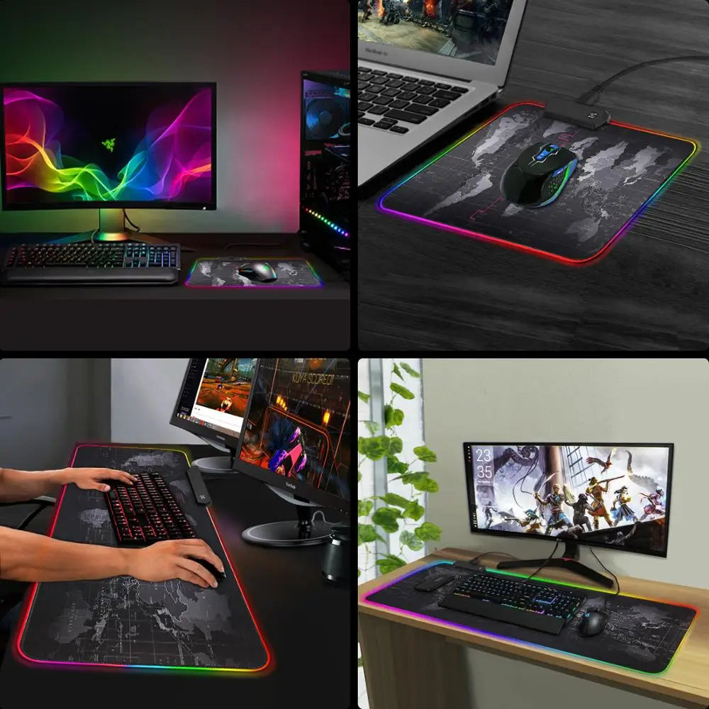 Grand Tapis de Souris Gaming RGB Carte du Monde – XXL Antidérapant, 2 Tailles (30x80 ou 40x90 cm), Raidisseur PC Bureau