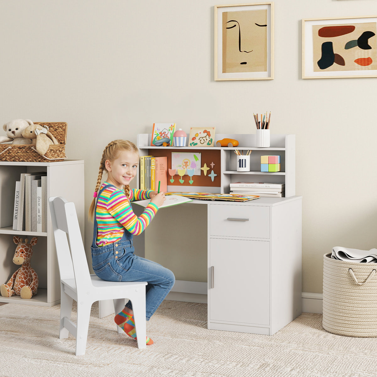 Ensemble Bureau & Chaise Enfant Blanc – Tableau Liège, Tiroir, Placard & Compartiments, MDF, 3-12 Ans, Norme EN71